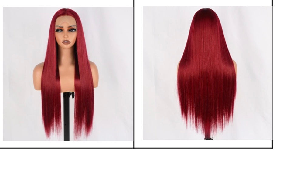 The Red Siren Deep Red Straight 13x4 Frontal 26 inch wig front and back view