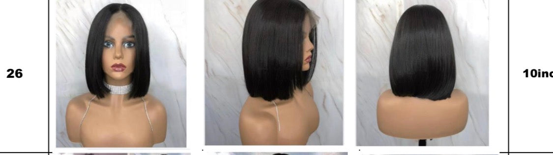 The Mini Bully Jet Black Straight Bob 13x4 Frontal 10 inch wig front side and back view